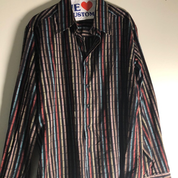 Red and Blue Casual Button Down Shirt with Vertical Stripes - Picture 2 of 3